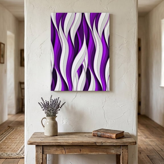 Ships Next Day Canvas Wall Art 16"x20", Purple White Moire Wood Framed Canvas Print Painting, Modern Abstract Art Ready to Hang Picture Wall Decor for Home Bedroom Living Room Dining