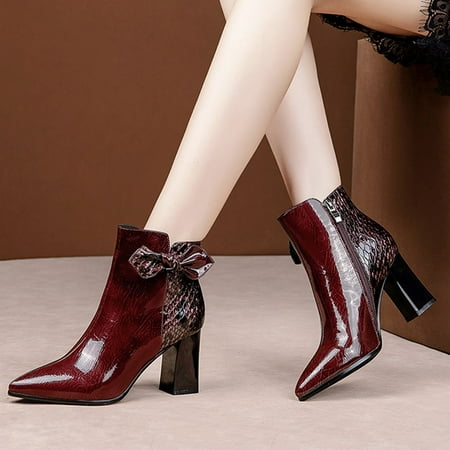 

Women s Side Zip Snake Pattern Bow Boots Square Heel High Casual Bare Booties