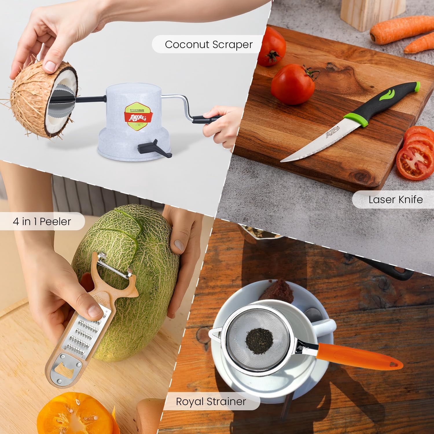 Anjali 4 Piece Kitchen Tool Set, Coconut Scraper, Peeler, 9 Inch Knife and Plastic Strainer, Food Preparation Set