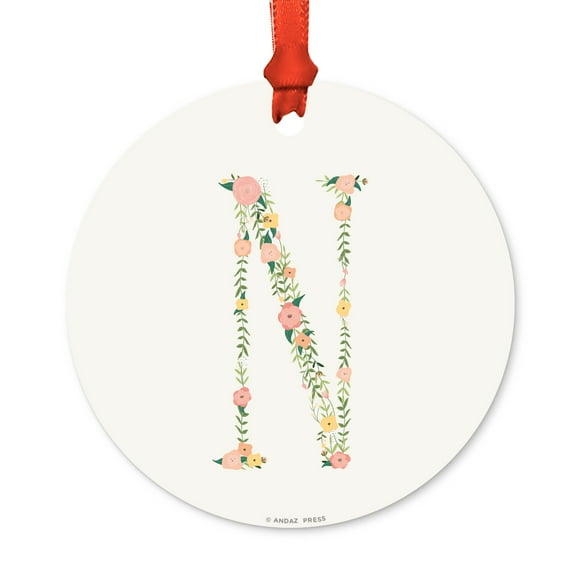 Floral Family Monogram Metal Christmas Ornament, Coral Peach Floral Roses, Letter N, Includes Ribbon and Gift Bag