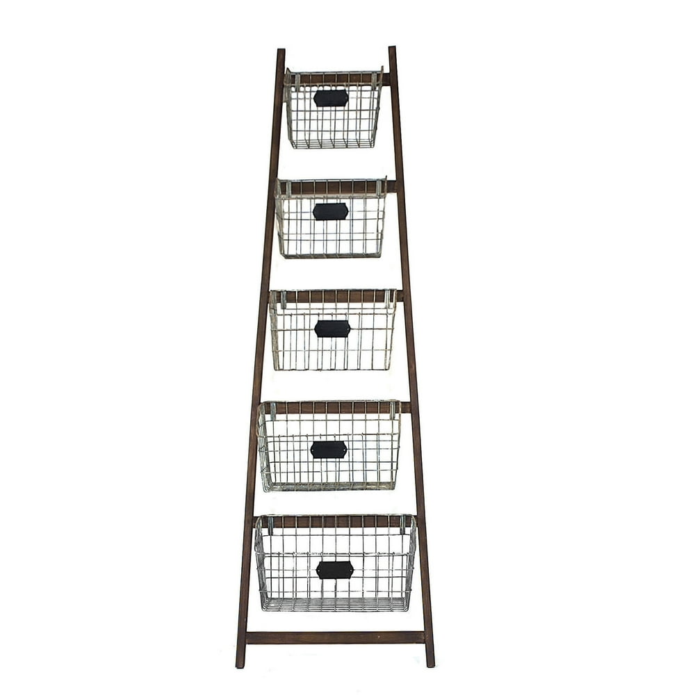 Creative CoOp Wood Ladder with 5 Wire Baskets