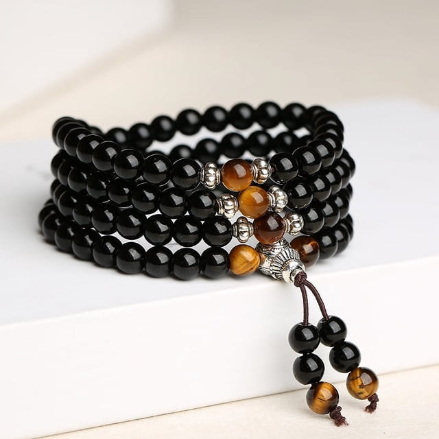 Pulsera de obsidiana de imitación para mujer Pulsera de ojo de tigre Estilo nacional 108 cuentas de cristal multicírculo
