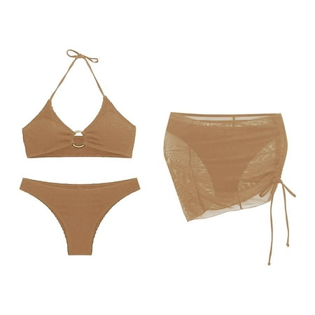 JIANJIA Swim Suits for Women Summer Solid Color Lace Up Halter Hollow Sexy Brassiere With Thongs Mesh Cover Up Swimming Skirt Three Piece Bikinis Swimwears Activewear Khaki S