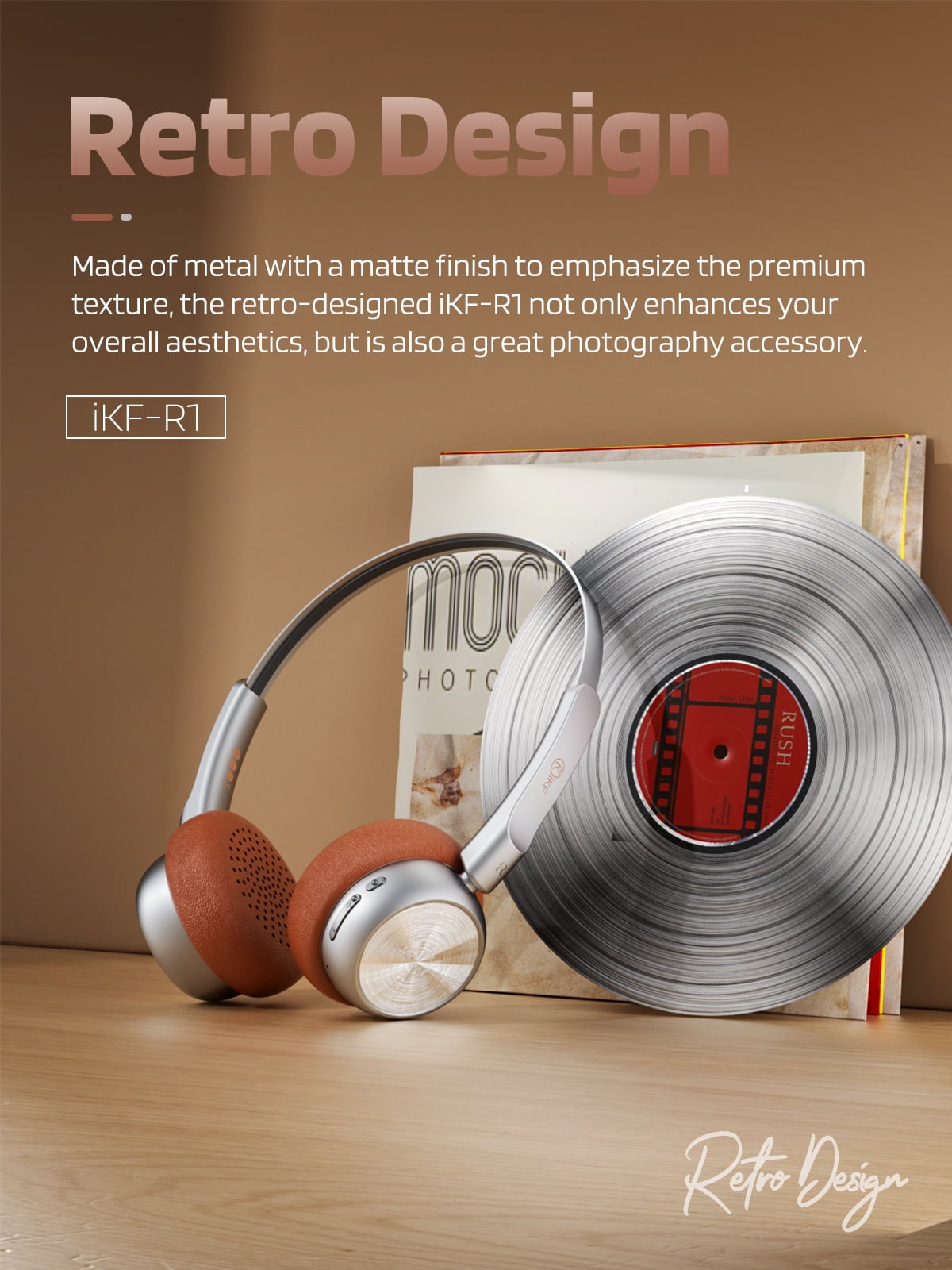 iKF R1 Wireless Retro Wireless Headphones Bluetooth 5.3 APP Custom Sound 60 Hours Playtime Game Mode Noise Isolation Built-in Microphone Throwback 80s 90s Design (Brown)
