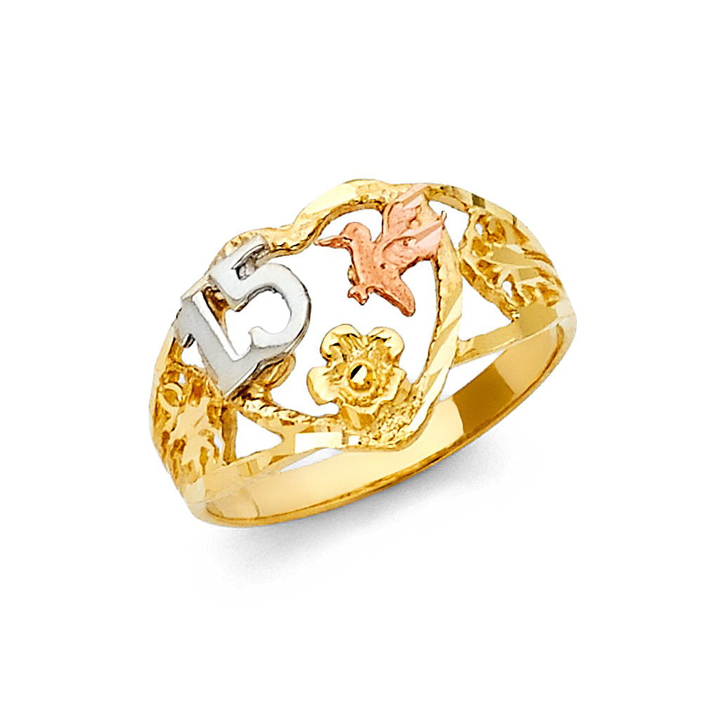 Tri-Color Gold Diamond Cut Anillo de Oro " 15 Años " Quinceañera Ring 