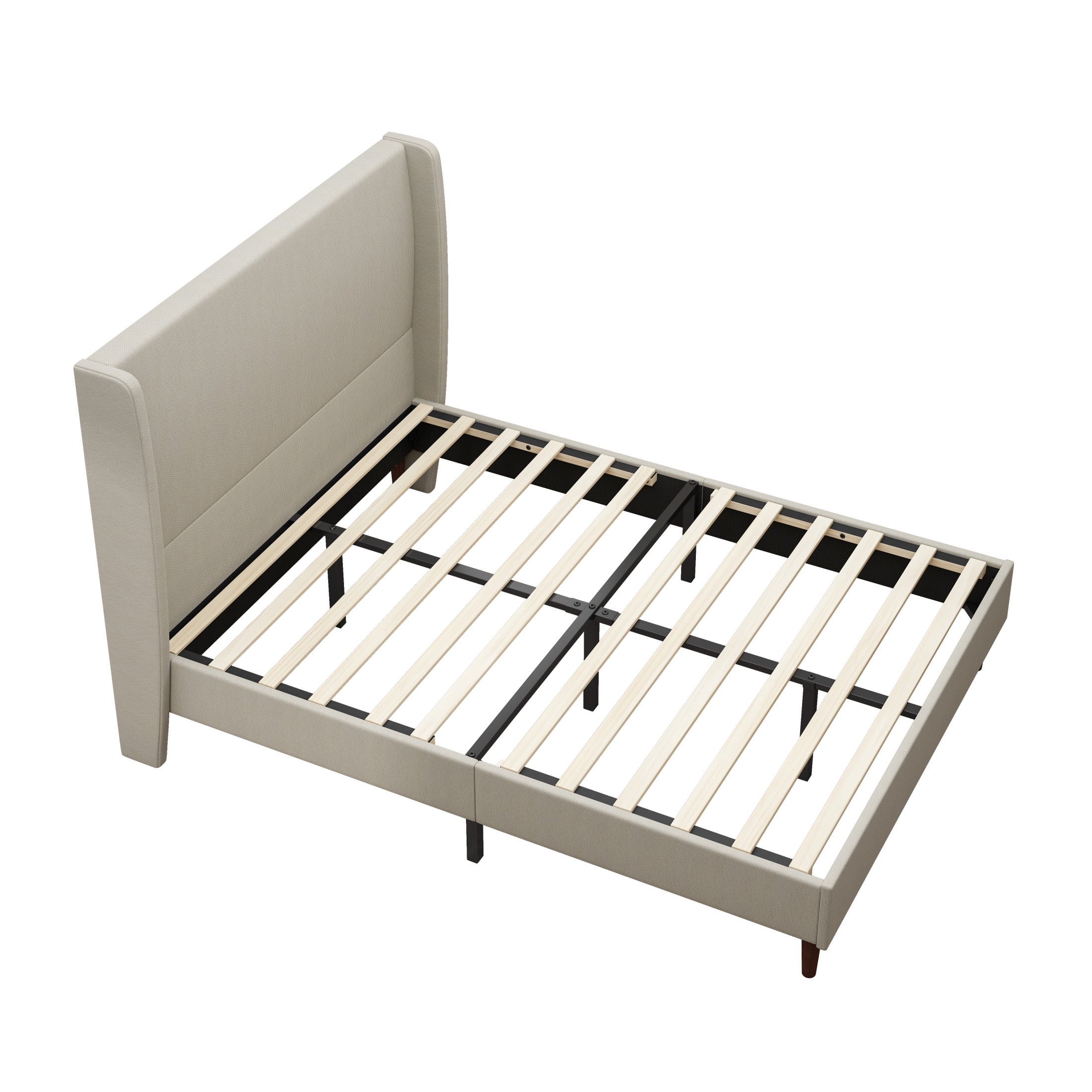 Ember Queen Size Platform Bed Frame with Linen Upholstered Headboard, No Box Spring Needed, Beige