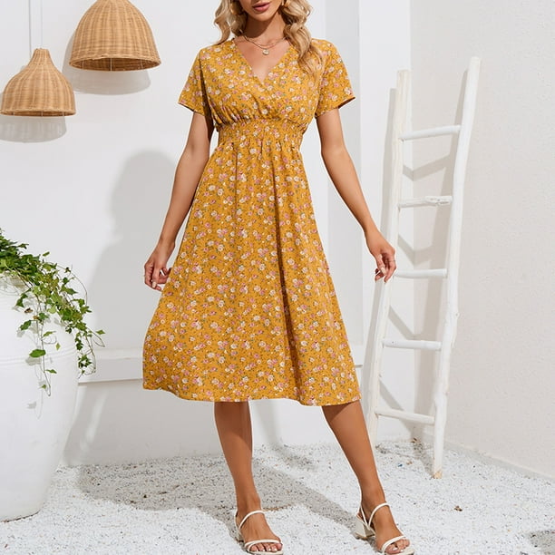 Falda Falda de gasa elegante con cuello en V cintura elástica estampada pequeña falda acampanada floral Cgtredaw Para estrenar