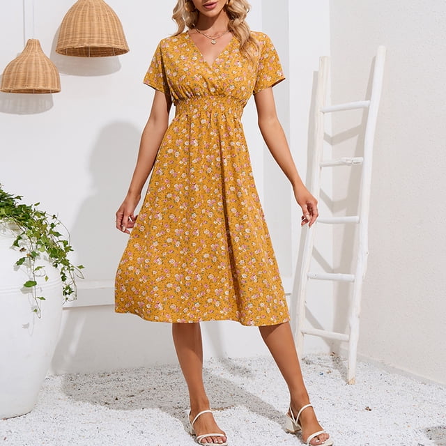 Falda Falda de gasa elegante con cuello en V cintura elástica estampada pequeña falda acampanada floral Cgtredaw para Mujer Amarillo T M