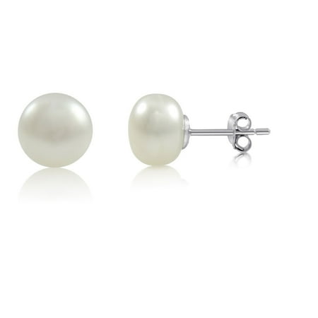 Pearl Rhodium Plated Earrings - Freshwater Cultured 9.5-10mm White Pearl Button Rhodium Plated 925 Sterling Silver Stud Earrings