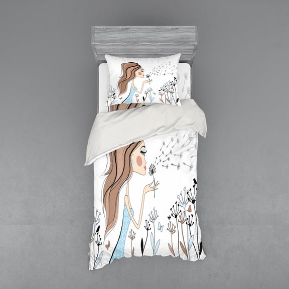Retro Duvet Cover Set, Fashion Woman with Dandelion Flower Spring Wind Garden Sketchy Illustration, Bedding Set with Shams and Fitted Sheet, 3 Sizes, by Ambesonne