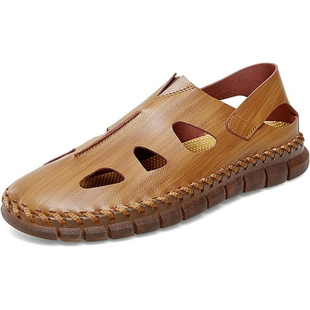 

Mens Leather Sandals Outdoor Hiking Sandals Waterproof Athletic Sports Sandals Fisherman Beach Shoes Closed Toe Water Sandals