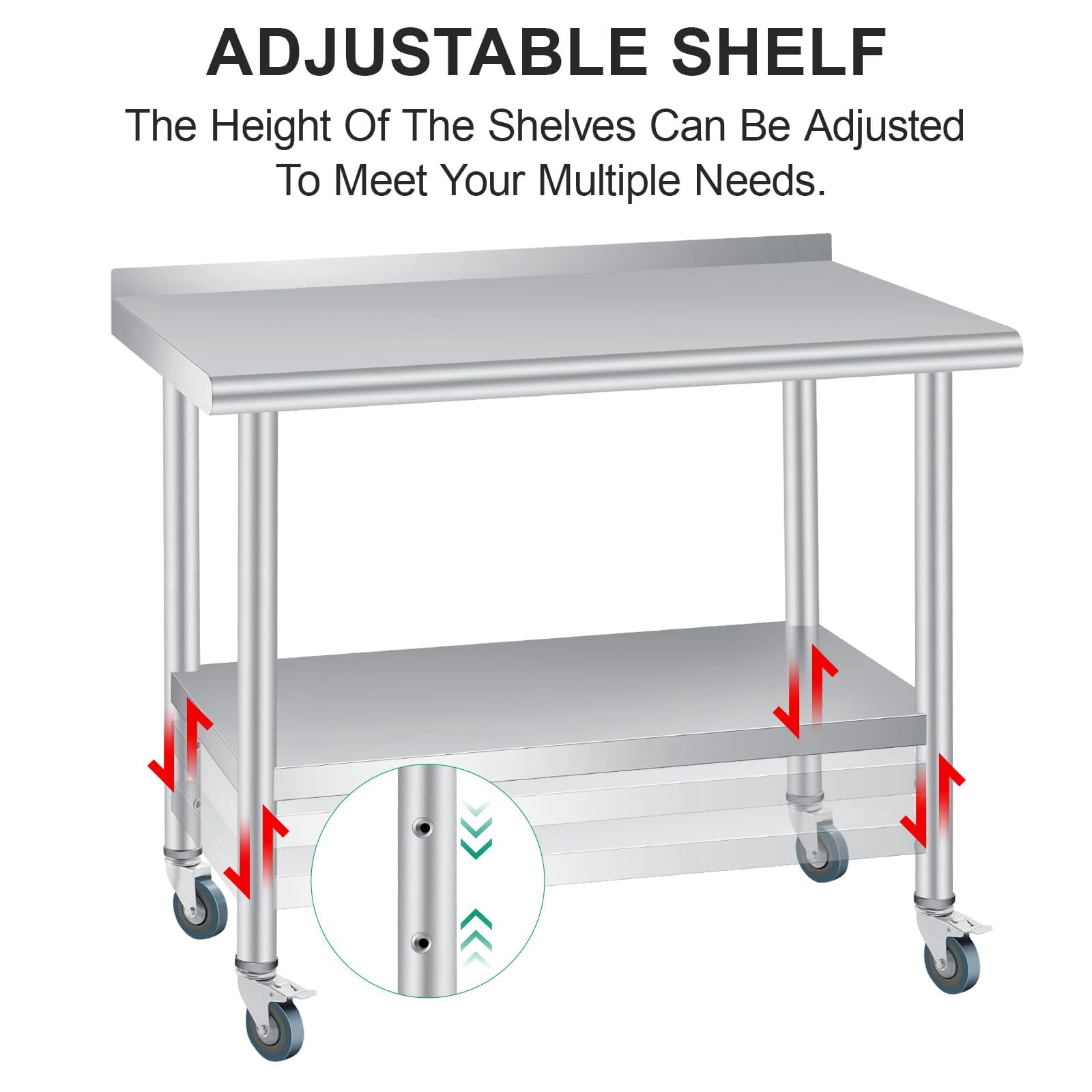 Stainless Steel Prep Table with Backsplash & Adjustable Shelf – 4-Caster Rolling Workbench for Commercial Kitchen, Restaurant, Hotel and Workshop Use - 48x24 Inch