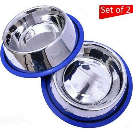 - Set of 2 Etched Stainless Steel Dog Bowls by Mr. Peanut's, Easy to Clean, Bacteria & Rust Resistant, with Non-Skid No-Tip Silicone Ring, Feeding Bowls for Dogs (2 Pak / 32oz Each Bowl)