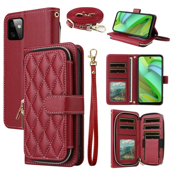 Dswteny Argyle Wallet Case for Motorola Moto G Power 5G 2023 with Wrist Strap Shoulder Strap Zipper Purse PU Leather Flip Credit Card Holder Stand Cell Phone Cover for GPower G5 Women Girls Red