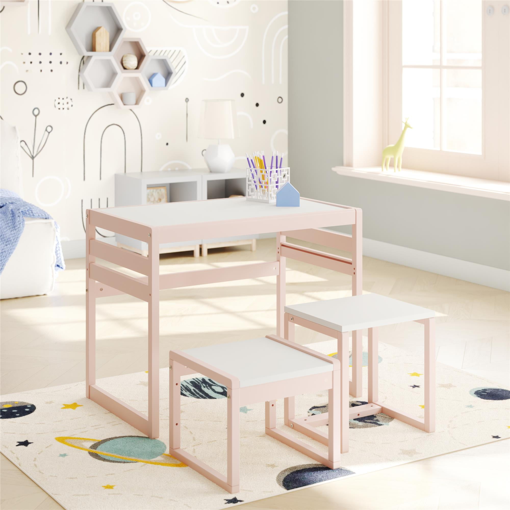 Max & Finn Signy Kids Table and 2 Chairs Set with Adjustable Heights, Pink/White