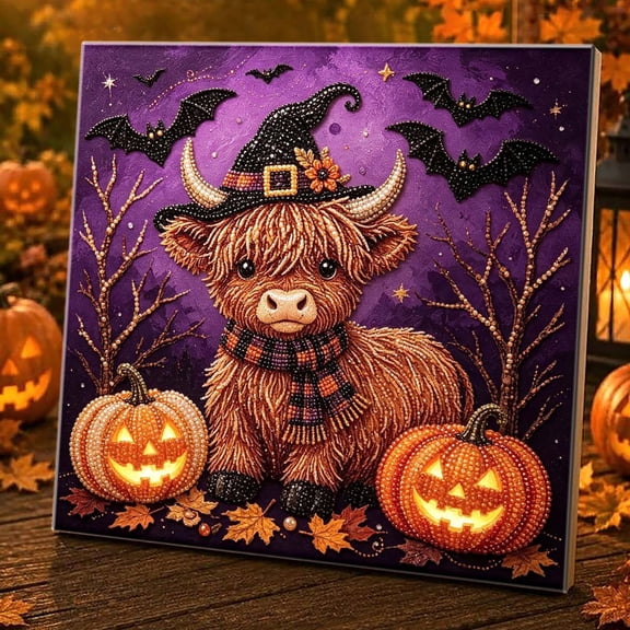 DIY Pearl Diamond Painting Kit – 7.87 in Highland Cow Halloween Bead Art with Witch Hat & Pumpkins, 3D Textured Canvas Craft for Home Wall Decor & Gift Giving