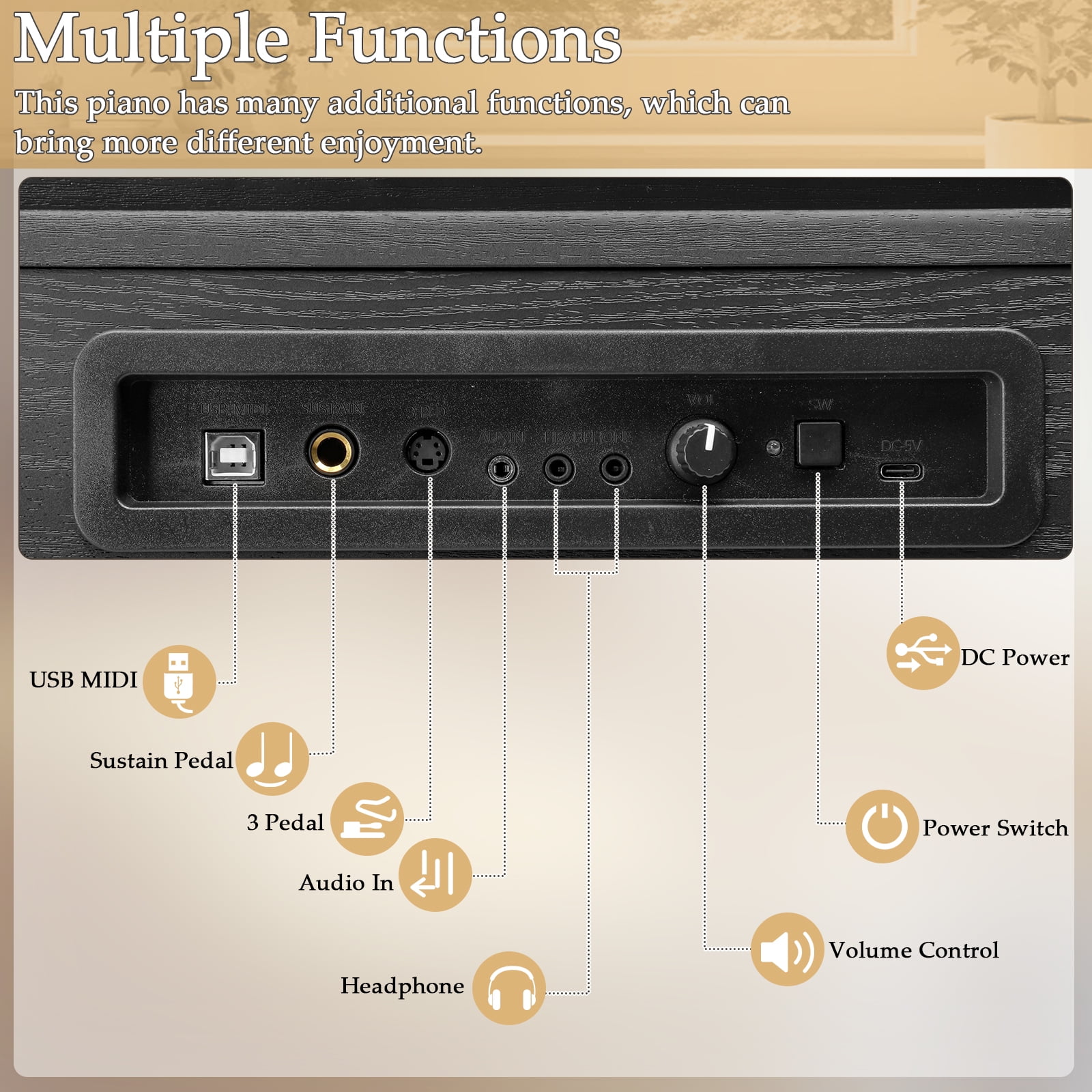 UBesGoo 88-Key Electric Piano Semi-Weighted w/Triple Pedal, Headphone, Bluetooth MIDI, Black