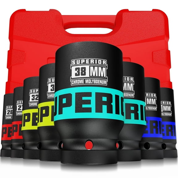 8 Piece 3/4" Drive Deep Impact Socket Set, 26 mm to 38mm Jumbo Socket, Metric