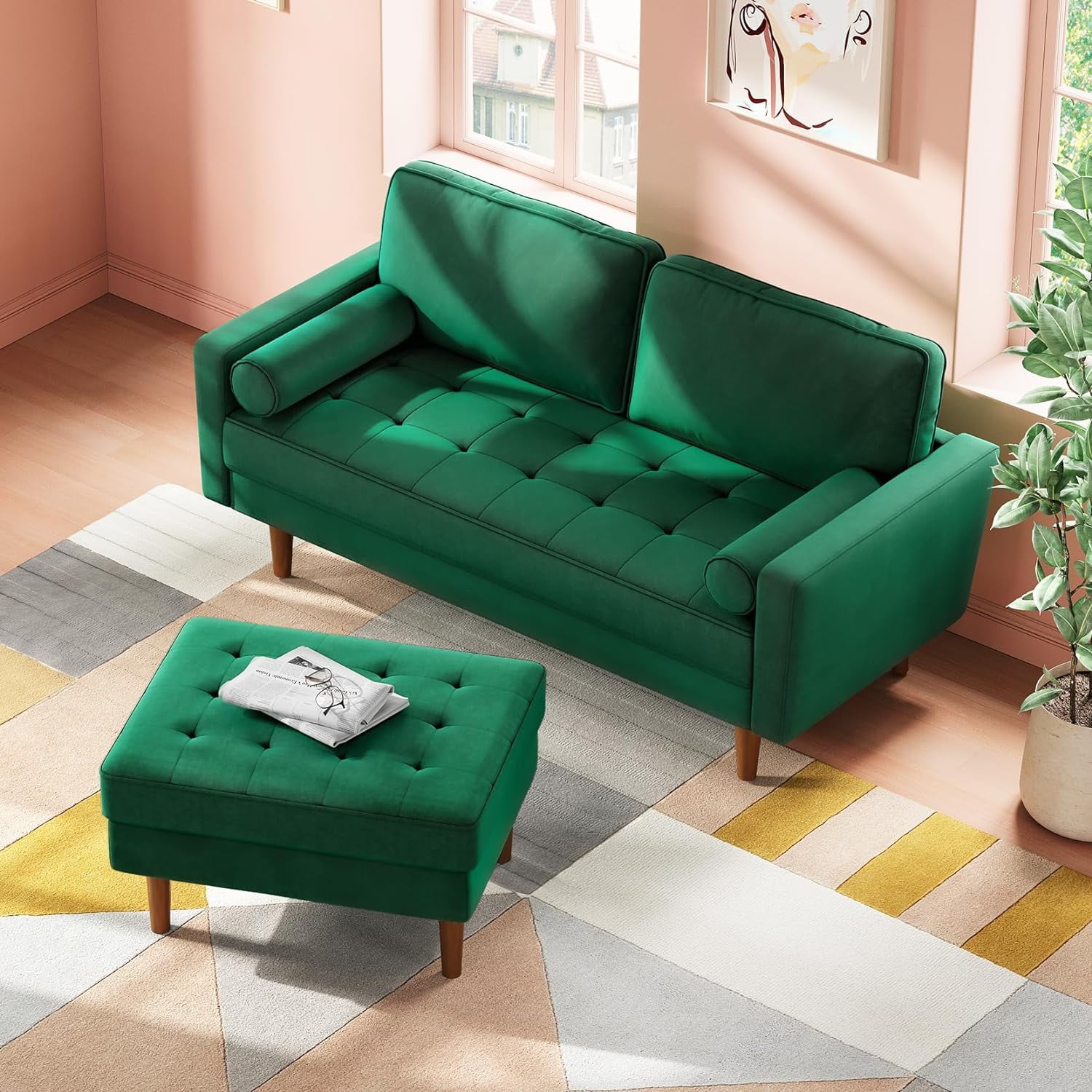 Neche 59" Velvet Spring Sofa Couch for Living Room, Office, Small Space, Solid Wood Leg, One Box, Green