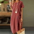 thumbnail image 4 of SMihono Ethnic Style Dress for Women Casual Round Neck Short Sleeve Baggy Midi Dress Loose Comfy Vacation Beach Summer Outfit Wine XXL, 4 of 9