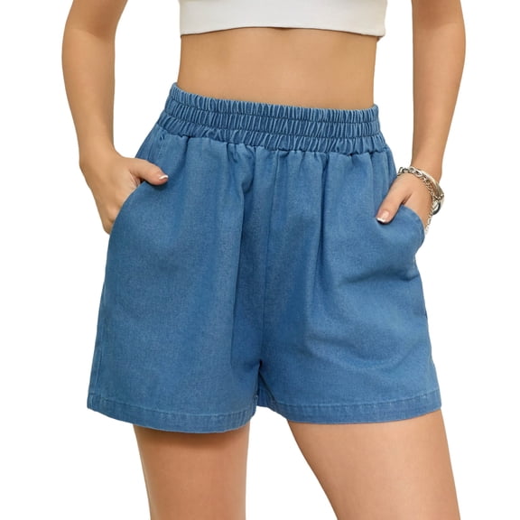 Staron Women's High-Waisted Denim Shorts Casual Wide Leg Pocket Shorts with Elastic Waistband Solid Color Stretchy Comfy Vacation, Blue XL
