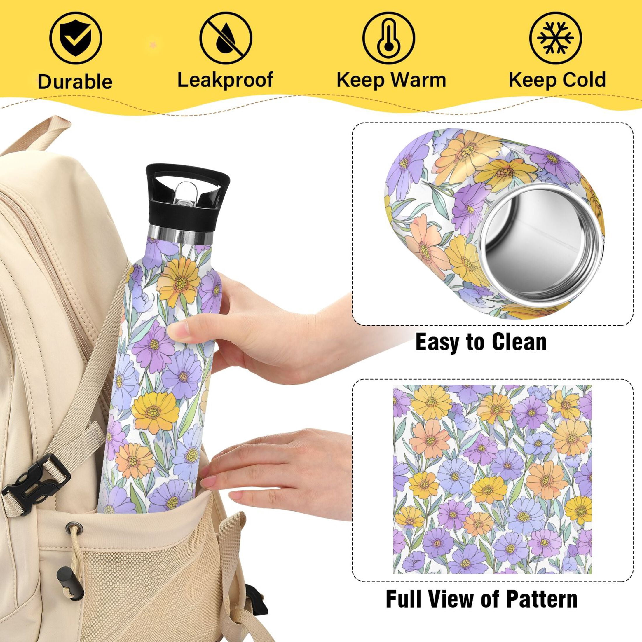 600ML Stainless Steel Insulated Cup Sports Water Bottle Portable Thermos Cup Water Glasses Insulated Tumblers Convenient and Durable Pale Purple Flowers