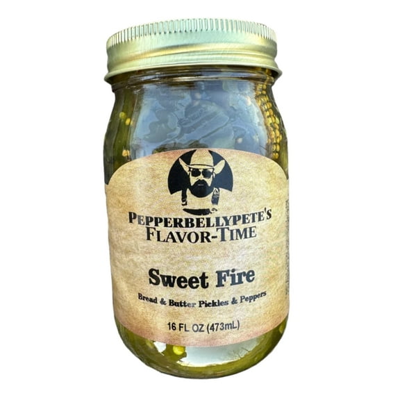 Pepper Belly Pete’s Sweet Fire – 16 oz Candied Bread & Butter Pickles with Peppers