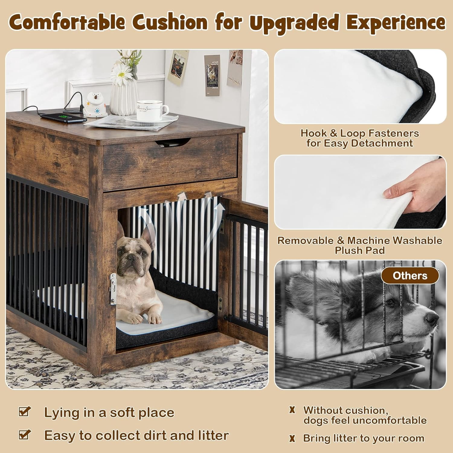 Furniture Style Dog Crate, Decorative Dog Kennel End Table with USB & Wireless Charging Station, Storage Drawer, Indoor Dog House for Small Dogs (Rustic Brown)