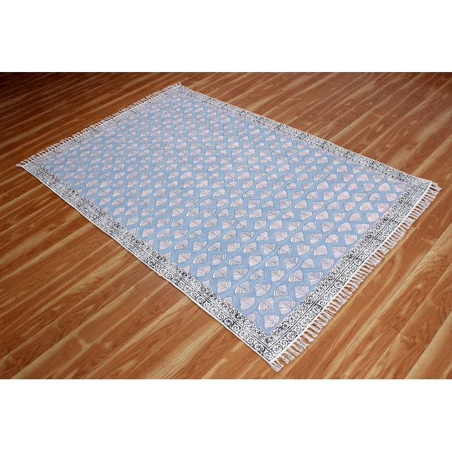 Casavani - 3'x5' Area Rugs for Kitchen and Study Room Handblock Printed Blue Cotton Dhurrie