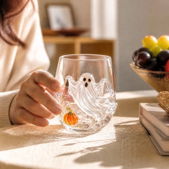 Halloween Ghost Pumpkin Wine Glass, Stemless Decorative Hand Art Glass Cup, Spooky Drinking Glass For Party Table Home Holiday Decoration
