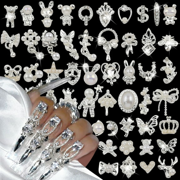 50pcs 3D Luxury Nail Rhinestones Random Silver Nail Charms， Alloy Butterfly Nail Art Charms Metal Bowknot Bear Nail Gems Heart Star Flower Charms for Nails Mix Styles Nail Jewels for Nail Art Supplies