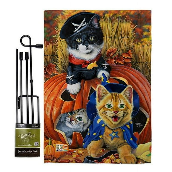 Breeze Decor BD-HO-GS-112058-IP-BO-D-US13-AL 13 x 18.5 in. Halloween Kittens Fall Vertical Double Sided Mini Garden Flag Set with Banner Pole