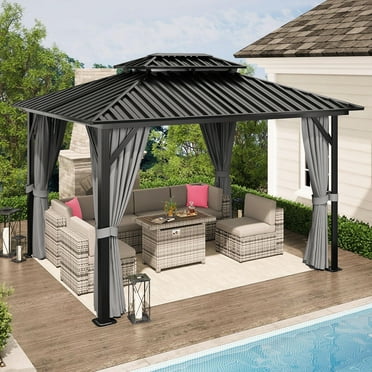 Sunmthink 10x12 ft. Hardtop Gazebos, Double Roof Galvanized Steel Outdoor Aluminum Frame Canopy with Netting and Curtains, Grey