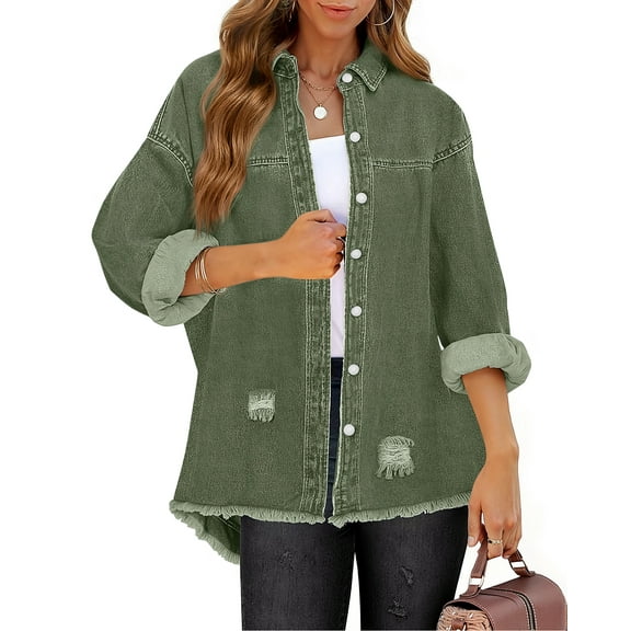 Fantaslook Denim Jackets for Women Trendy Frayed Hem Shackets Casual Button Up Jean Jacket Coats