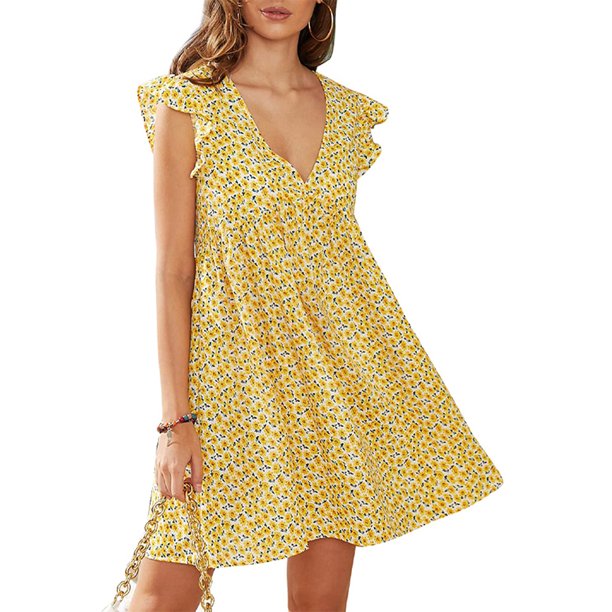 Sunloudy - Vestido suelto de verano para mujer, estampado sólido/floral, mangas volantes plisadas, cuello en V, vestido corto Sunloudy moda