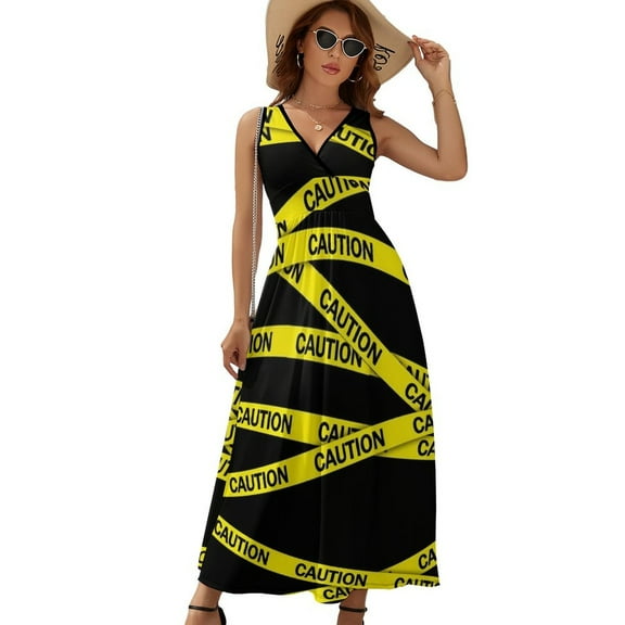 Caution Tape Womens Night Club Maxi Dress V Neck Sleeveless Bohemia Long Dresses