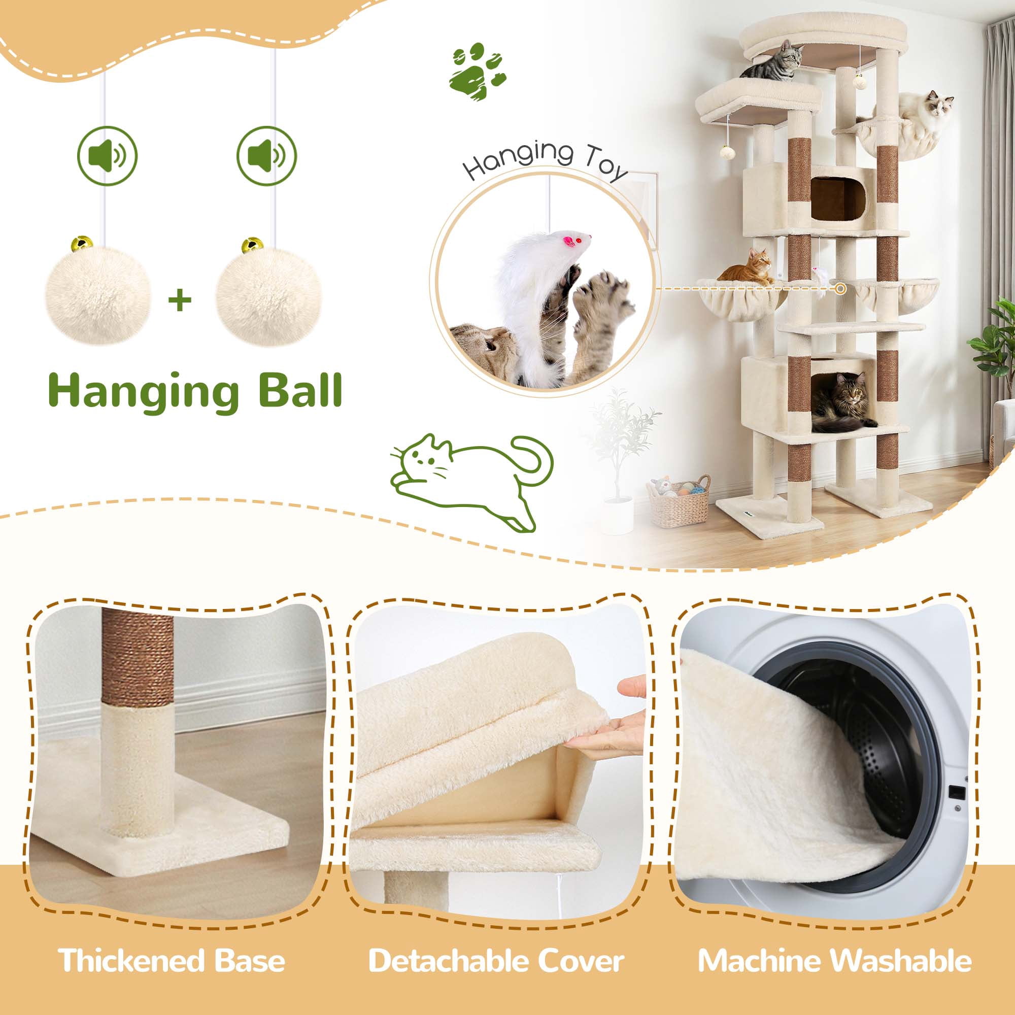 Globlazer 84" Large Corner Cat Tree , Multi-Level Cat Tree Fan-Shaped Tower with 2 Condos, Sisal Scratching Posts & Hammock, Beige