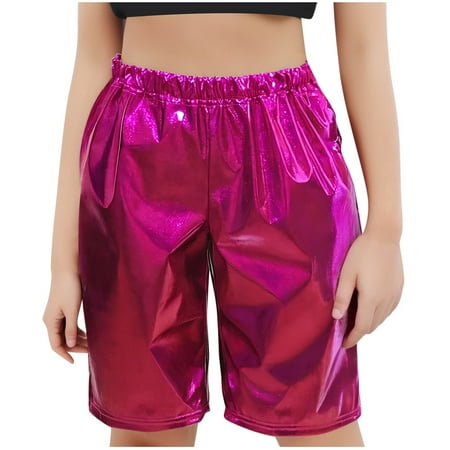 Odeerbi 3-16 Years Teen Boys Girls Metallic Shiny Sparkly Dance Shorts Stage Performance Outfits Bermuda Shorts Solid Color Loose Glossy Straight Leg Shorts