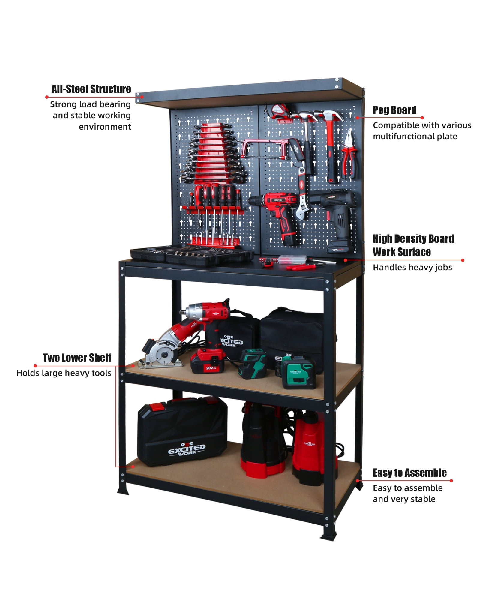 EXCITED WORK 31.5 inch Work Bench, 4 Shelf Multipurpose Garage Work Bench with Pegboard Hook Kit for Home Workshop Storage Tools and DIY Projects (H61 X W31.5 X D16)
