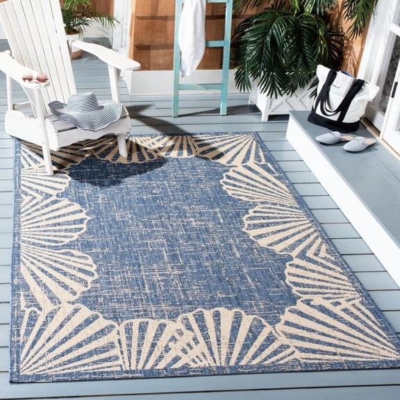 SAFAVIEH Courtyard Shedley Seashells Indoor/Outdoor Area Rug, Blue/Beige, 5'3" x 7'6"