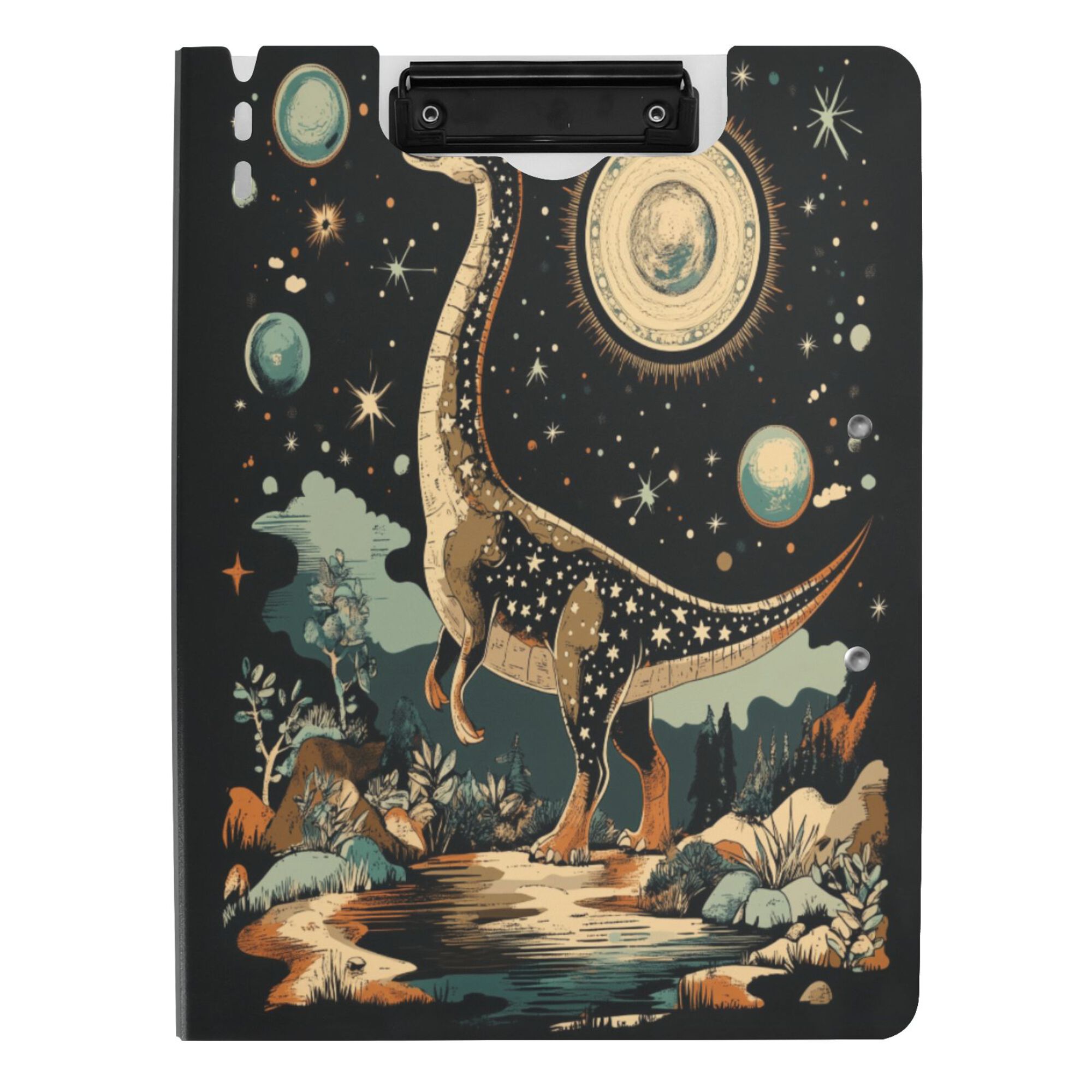 FORMRS A4 Clipboard Folder with Pen Holder Horizontal Foldable School Office Binder, Black Dinosaur