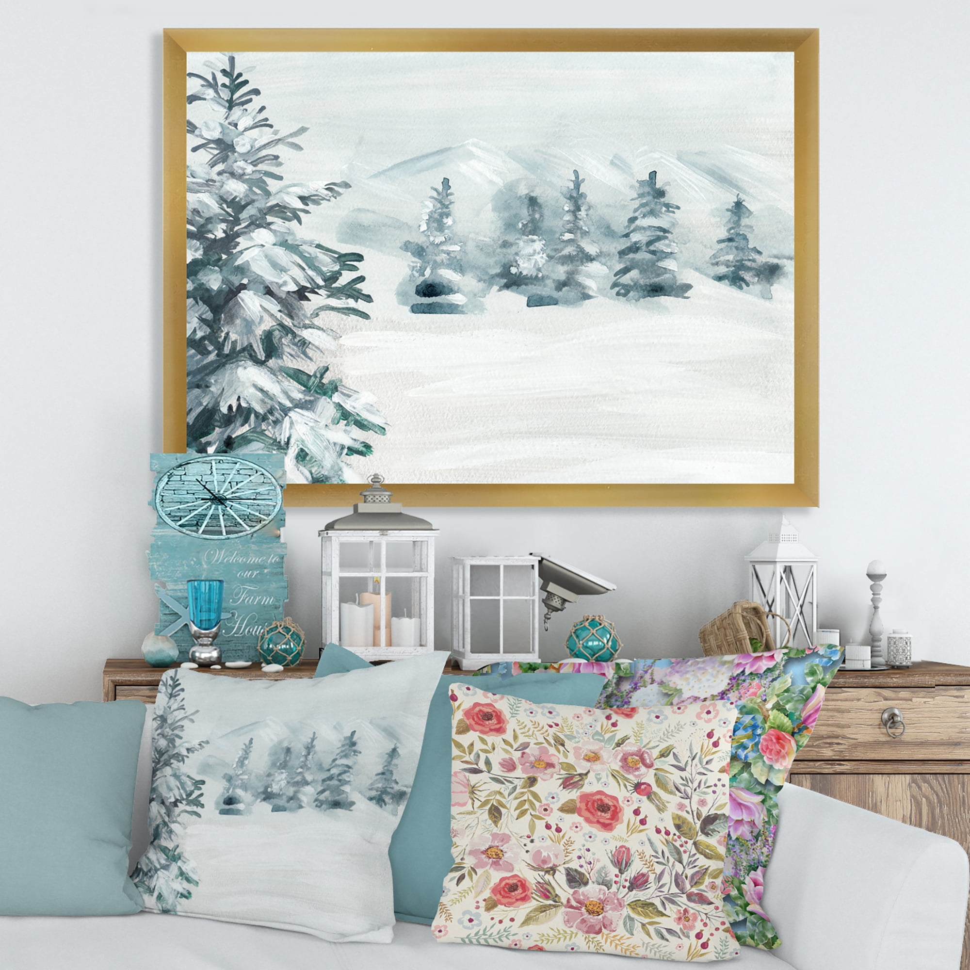 Designart 'Snowy Pine Trees On Mountain' Traditional Framed Art Print