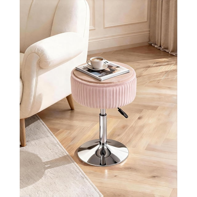 Taburete de tocador rosa para tocador, taburete de almacenamiento redondo ajustable en altura de terciopelo, taburete giratorio de 360° para sala de estar,1