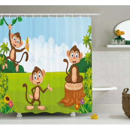 Monkey Drapery Fabric - Nursery Shower Curtain, Three Monkeys Playing in a Tropical Forest Banana Africa Safari Nature, Fabric Bathroom Set with Hooks, 69W X 70L Inches, Pale Blue Brown Green, by Ambesonne