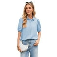 thumbnail image 2 of Women'S Button Down Shirts Short Puff Sleeve Collared Dressy Casual Blouse Tops Sky Blue M, 2 of 8