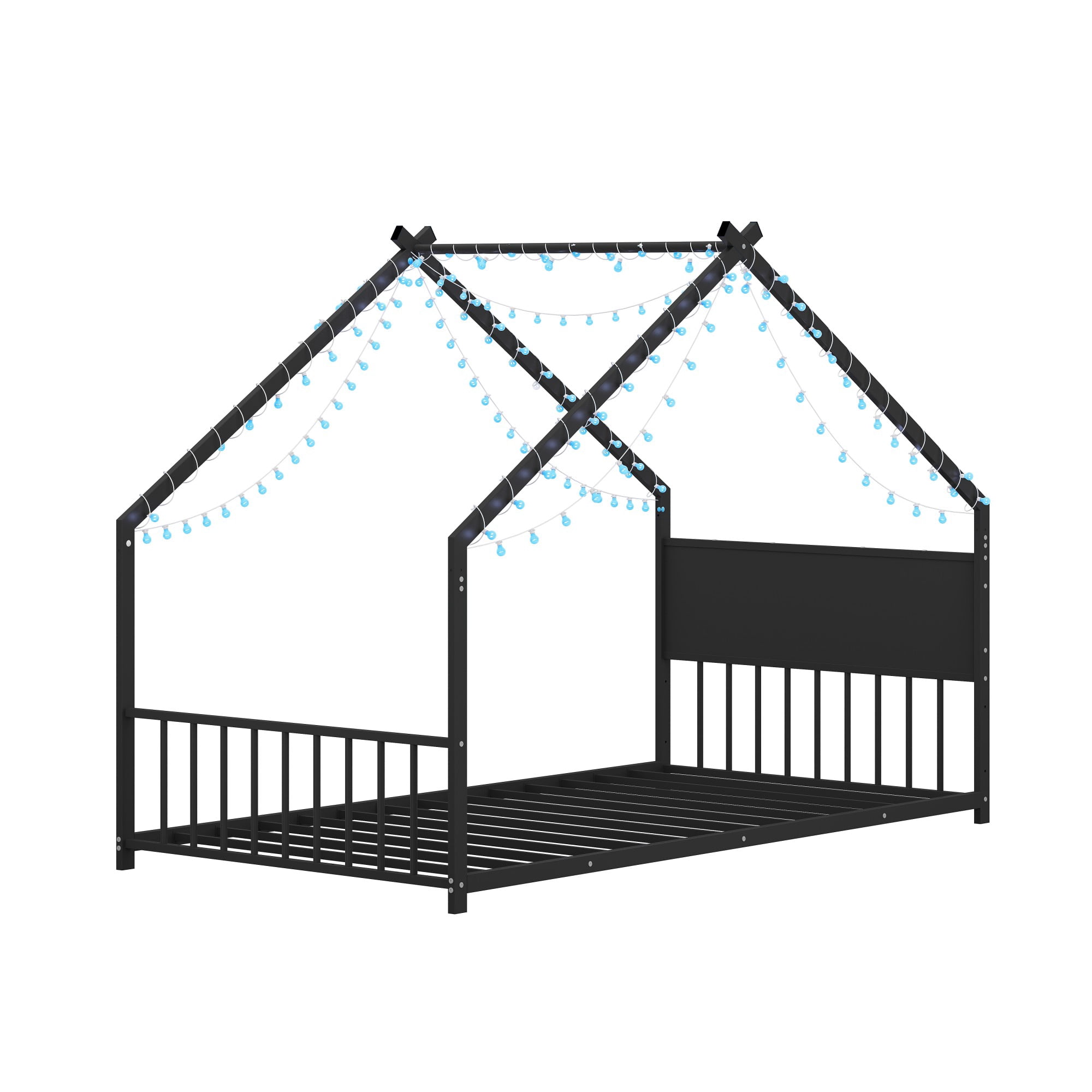 Aukfa Twin Size Metal House Bed with LED Lights, Montessori Floor Bed for Kids & Toddlers, Sturdy Frame, Easy Assembly, Black