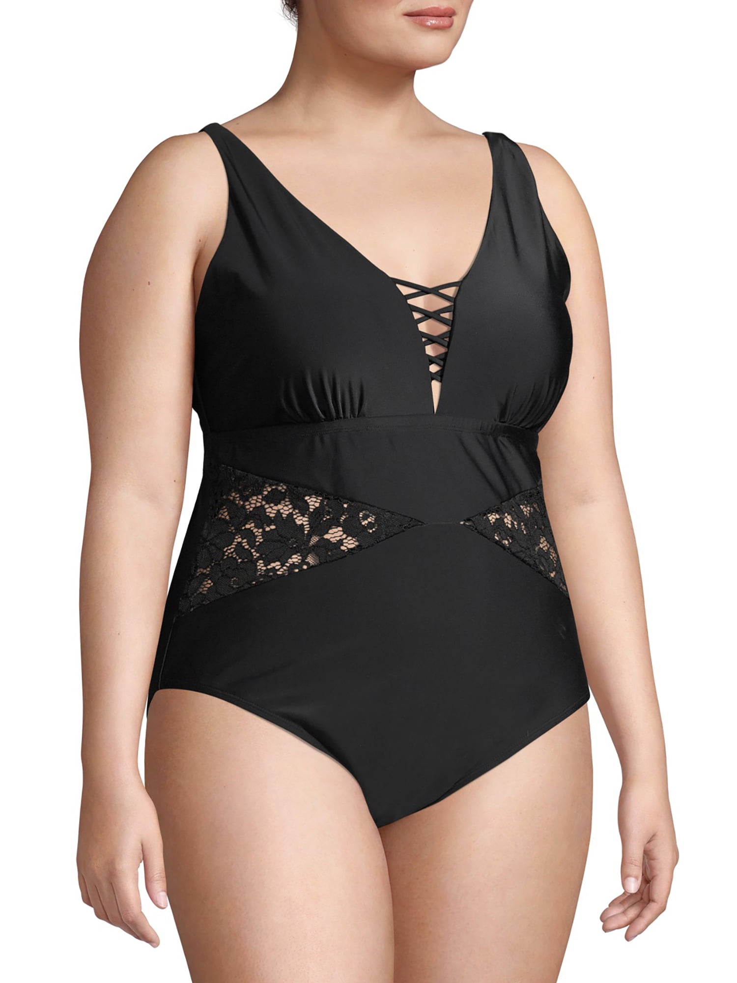 Terra & Sky Women's Plus Size Palm Crochet Lace Cutout Solid One-Piece Swimsuit