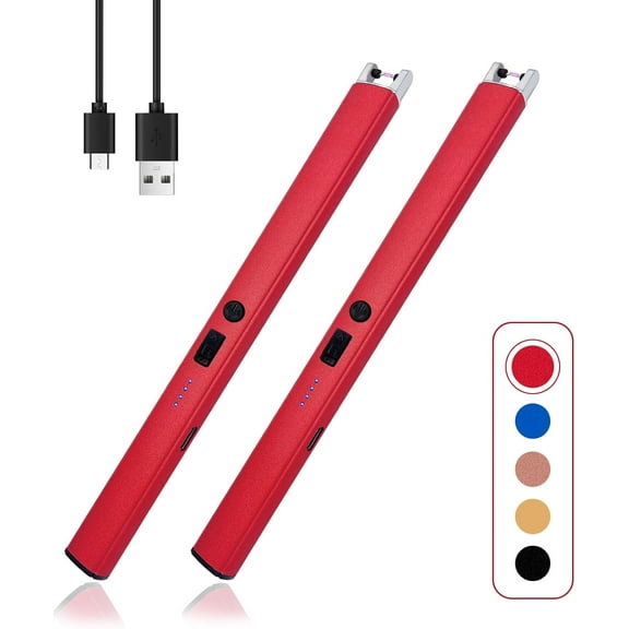 MaxxMarket 2 PCS Candle Lighter,Windproof Flameless Electric Lighter with LED Power Display & Safety Switch, Upgraded Plasma USB Rechargeable Lighters for Birthday Camping BBQ (Red)