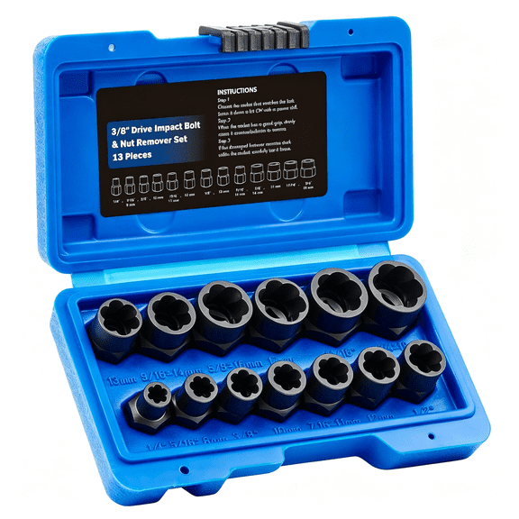 KASIU Impact Nut and Bolt Extraction Tool Set,Drive Extractor Set|13 Metric and Sae Sizes; Rusted Damaged Stripped Remover Kit; 6-Point Spiral Grip; 1/4" to 19/3/4" Range; for Air Ratchets