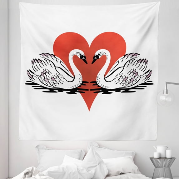 Love Tapestry, Swimming Couple Swans on Lake Hearts on Plain Backdrop Pattern Valentines Day, Fabric Wall Hanging Decor for Bedroom Living Room Dorm, 5 Sizes, White and Vermilion, by Ambesonne